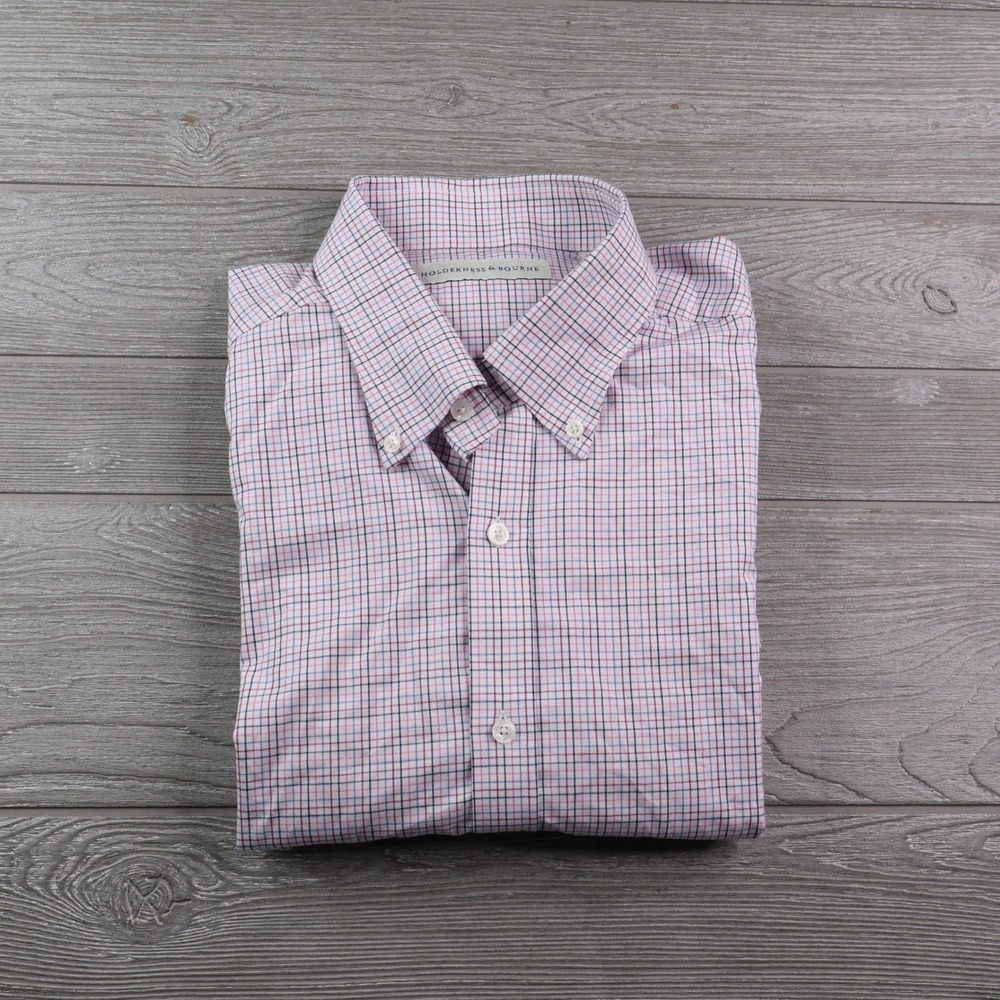 Holderness & Bourne Purcell Tattersall Check Shirt Men's L Claret Blue Pink